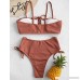 ZAFUL Womens Ribbed Lace Up Bikini Set Spaghetti Straps Padded High Waisted Two Pieces Swimsuit Tiger Orange B07MDJZCCL